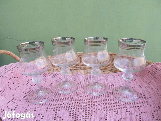 Vintage ezüst szélű desszert boros kehely 4 db