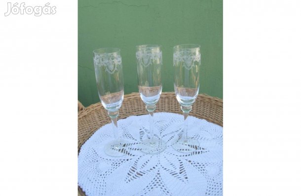 Vintage homokfúvott pezsgős kehely 3 db
