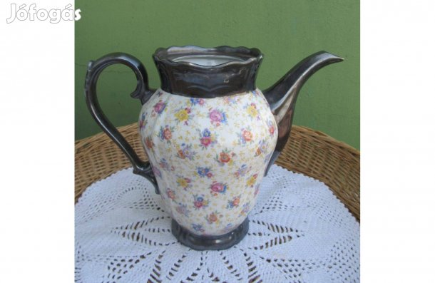 Vintage jelzett ezüstözött, virágmintás porcelán kanna