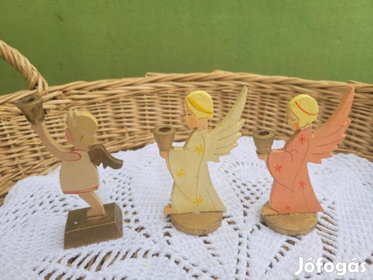 Vintage jelzett kézműves kis fa angyalok