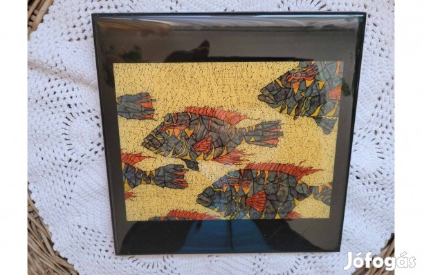 Vintage keretezett csempekép hal mintával