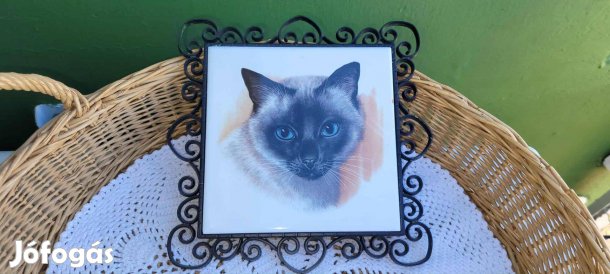 Vintage keretezett csempekép sziámi cica mintával