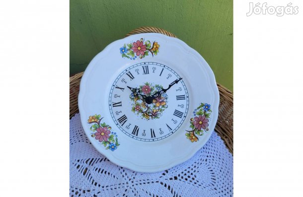 Vintage kézzel festett virág mintás fajansz tányéróra - Működik