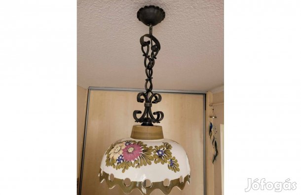 Vintage kovácsoltvas, kézzel festett kerámia búrás lámpa