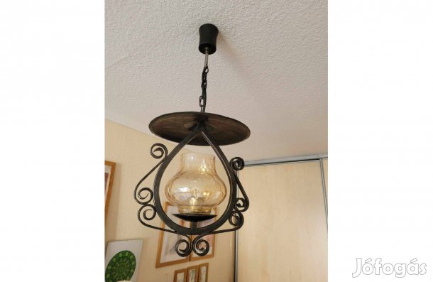 Vintage kovácsoltvas üvegbúrás fém tányéros függőlámpa