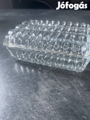 Vintage mintás üveg vajtartó / fedeles retró üvegtál