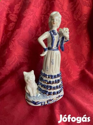 Vintage német porcelán figura Hölgy macskával