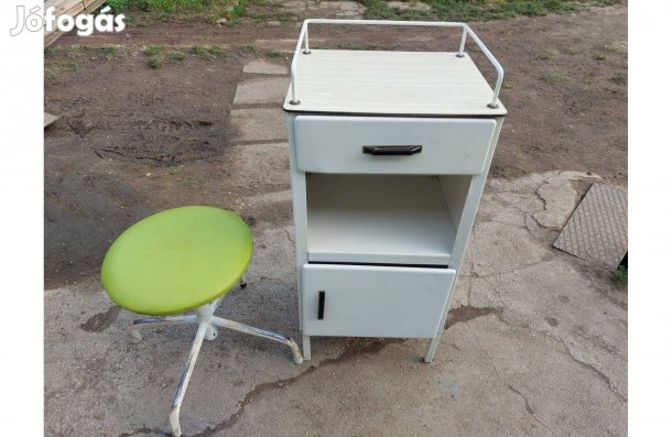 Vintage orvosi éjjeliszekrény + fém szék