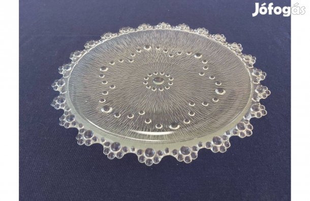 Vintage üvegtál, díszes szélű, buborékos mintázattal