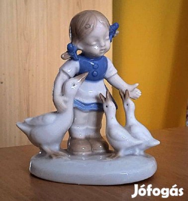 Vintázs német porcelán GH & Co. kislány libákkal, NDK
