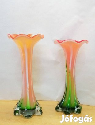 Virág formájú, bordázott oldalú szakított Muránói váza páros Olaszorsz