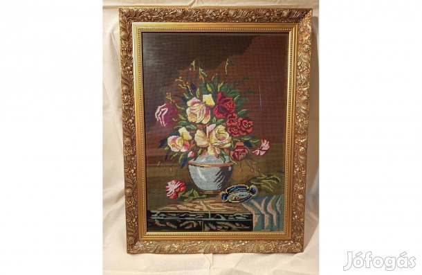 Virágcsendélet Gobelin Kép, Üvegezett, Festett Fa Keretben