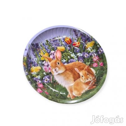 Virágmintás nyuszis húsvéti fém tálca 26 cm