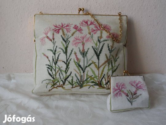 Virágos, hímzett textil női táska, ridikül + pénztárca