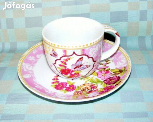 Virágos, lepkés porcelán csésze alátéttel