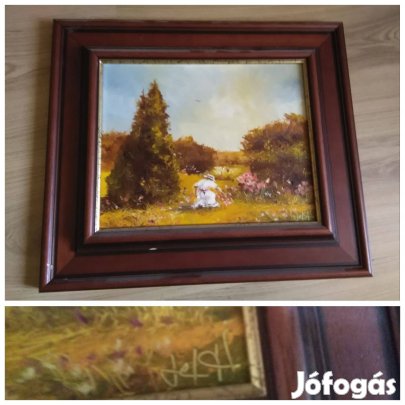 Virágszedő lány festmény tájkép 20x25