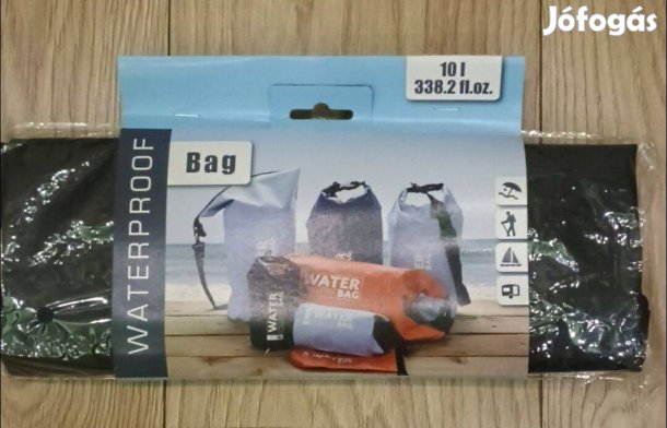 Vízálló táska, zsák, 10 literes, vállpánttal, fekete vagy világoskék,
