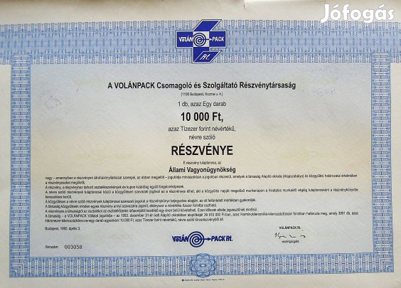Volánpack RT 10.000 Ft részvény 1995