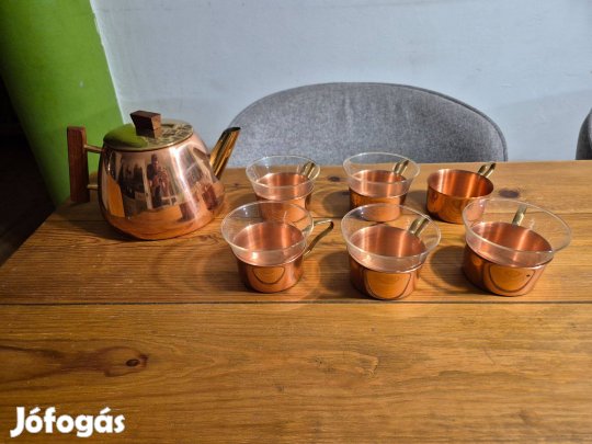 Vörösréz teás-kávéskészlet, jénai üvegbetéttel