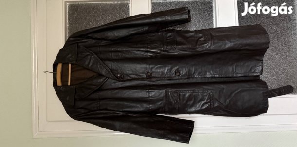 WEA svájci elegáns férfi 112cm hosszú fekete nagy bőrkabát XL 2XL