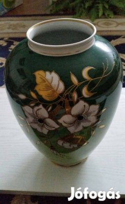 Wallendorf zöld kézzel festett arany virágmintás nagy porcelán váza
