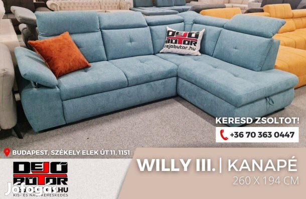Willy III kék sarok rugós kanapé ülőgarnitúra 250x184 cm ágyazható