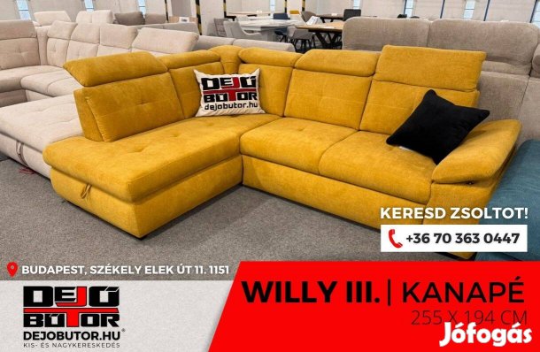 Willy III sarok kanapé ülőgarnitúra rugós 250x184 cm mustár ágyazható