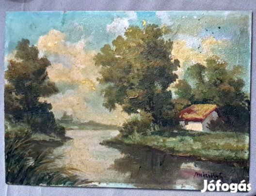 XIX SZ. Magyar festő ,Mészöly Géza: Patakparti táj házzal