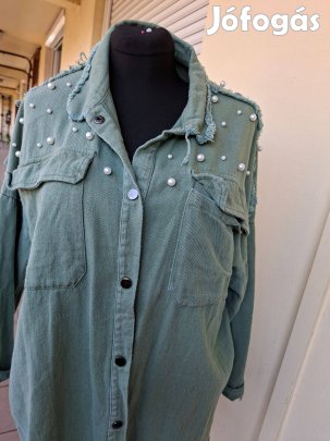 XL-es gyöngyökkel disz khakizöld női farmer kabát