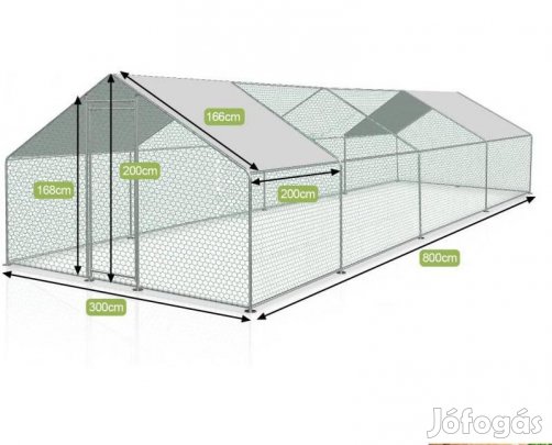 XXL Tyúkketrec, tyúkól fedéllel, kifutó  300 x 800 x 200 cm