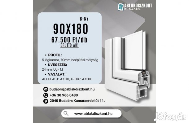 X-TRU 90x180 bukó-nyíló műanyag ablak 2 rétegű üvegezéssel Raktárról