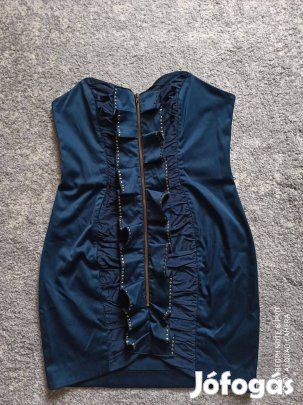 Zafírkék selyem szatén pánt nélküli alkalmi ruha L-es