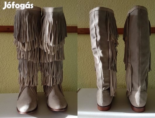 Zara Trafaluc krém színű velúr térdcsizma rojtokkal (38-as méret)