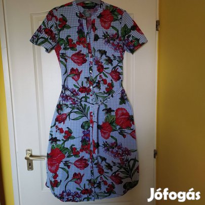 Zara piros virágos kockás zsebes öves női ruha S