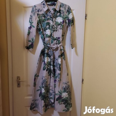 Zara virágos, csíkos, zöld leveles öves női ruha S