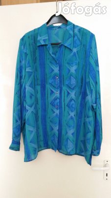 Zöld alapon kék mintás muszlin hosszú ujjú blúz nagy méretű 54-es