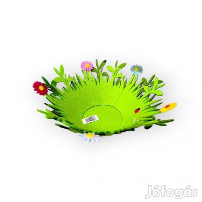 Zöld filc húsvéti kosár virágokkal és katicabogárral 22x9cm