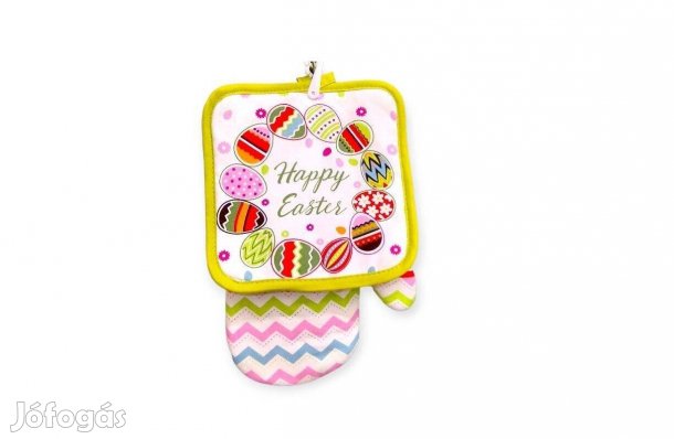 Zöld húsvéti tojás mintás edényfogó kesztyű szalvétával 2 db-os szet