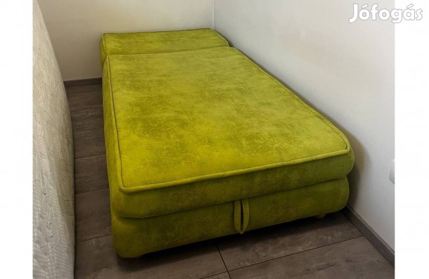 Zöld kárpitos 90x200 egyszemélyes ágy tárolóval és állítható fejtámla