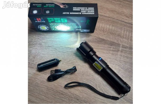 Zseblámpa P50 Led + Cob Szuper erős több 100 méter világítás Akkus