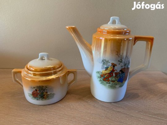 Zsolnay japán gésa jelenetes cukortartó és teakiöntő 1926-ból