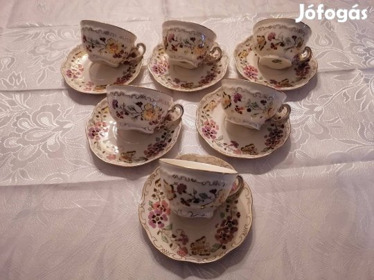 Zsolnay pillangós 6 db teáscsésze alátéttel