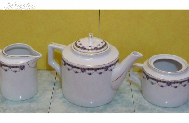 Zsolnay porcelán 3 részes ibolyavirágos teáskészlet