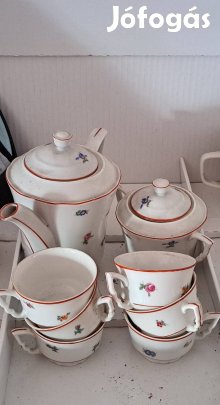 Zsolnay porcelán kávés készlet piros szélű