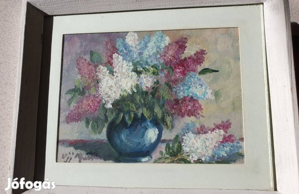 Zsűrizett Nagybányai Olaj csendélet lila virágokkal