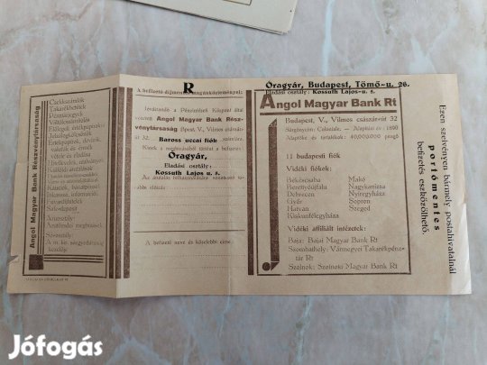 "Angol Magyar Bank Rt" Csekk A 30-as évekből
