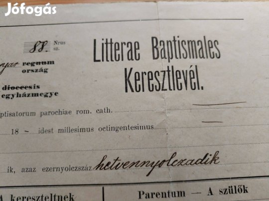"Baptista Keresztlevél" 1878-as ritka történelmi db