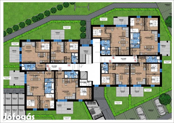 "C" épület. Földszinti 33 m2,1+1 szobás,8 m2 terasz,53 m2 privát kert!