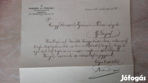 "Rabinek és Füzessy Szénnagykereskedők" 1925-ös üzleti levél