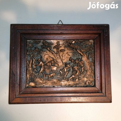 antik réz domborított vadászatot ábrázoló kép
